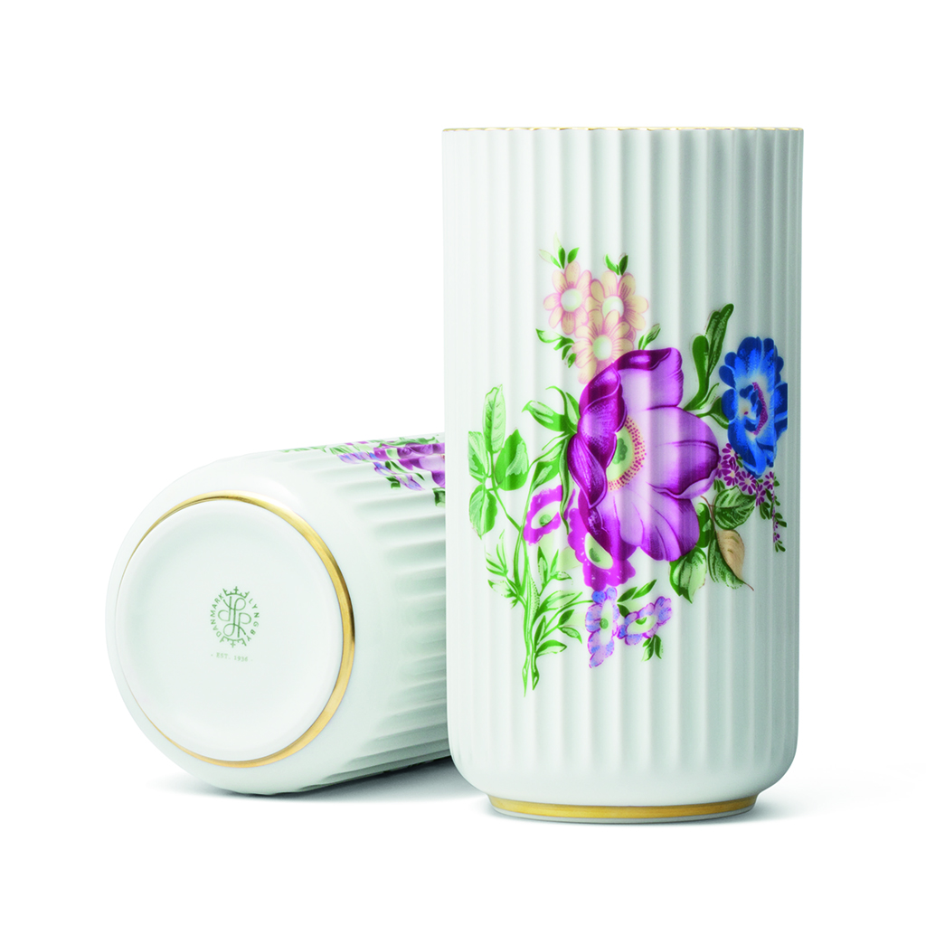 Lyngby Porcelæn Vase Hvit med trykk og gullkant, 20 cm